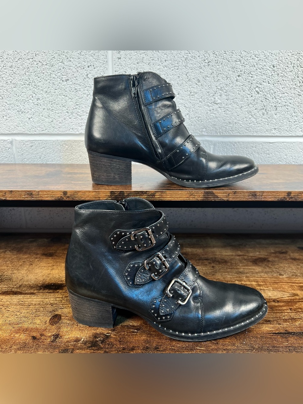 Paul Green Ankle Boots Booties Black Moto Goth Buckles Leather Womens 7.5 US